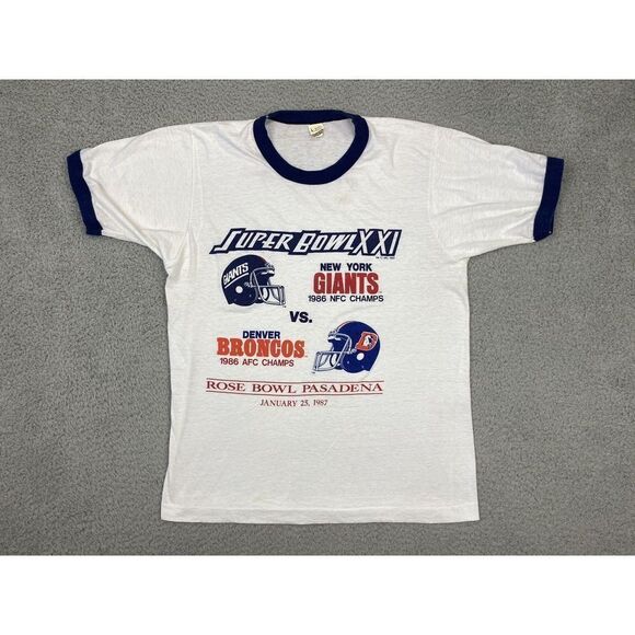 Vintage Super Bowl XXI Ringer T Shirt Mens Large Giants Broncos Single Stitch - Picture 1 of 9